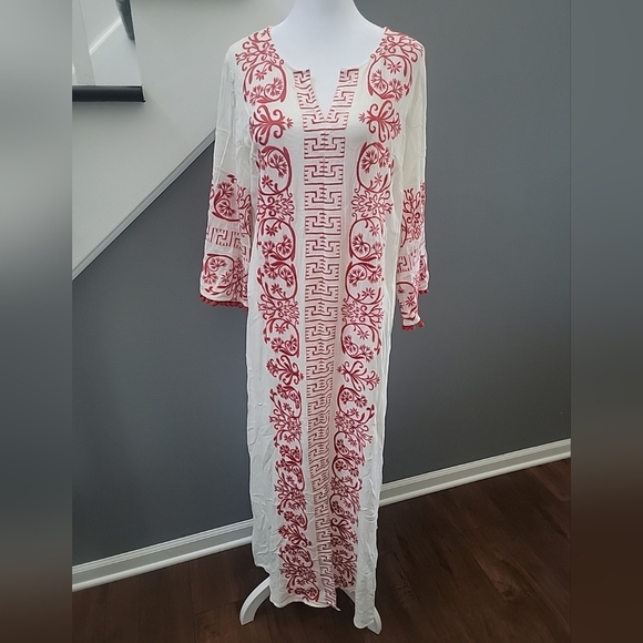 Soft Surroundings Embroidered Kaftan Dress Red White Size Med  Gauzy Resortwear - Picture 2 of 7
